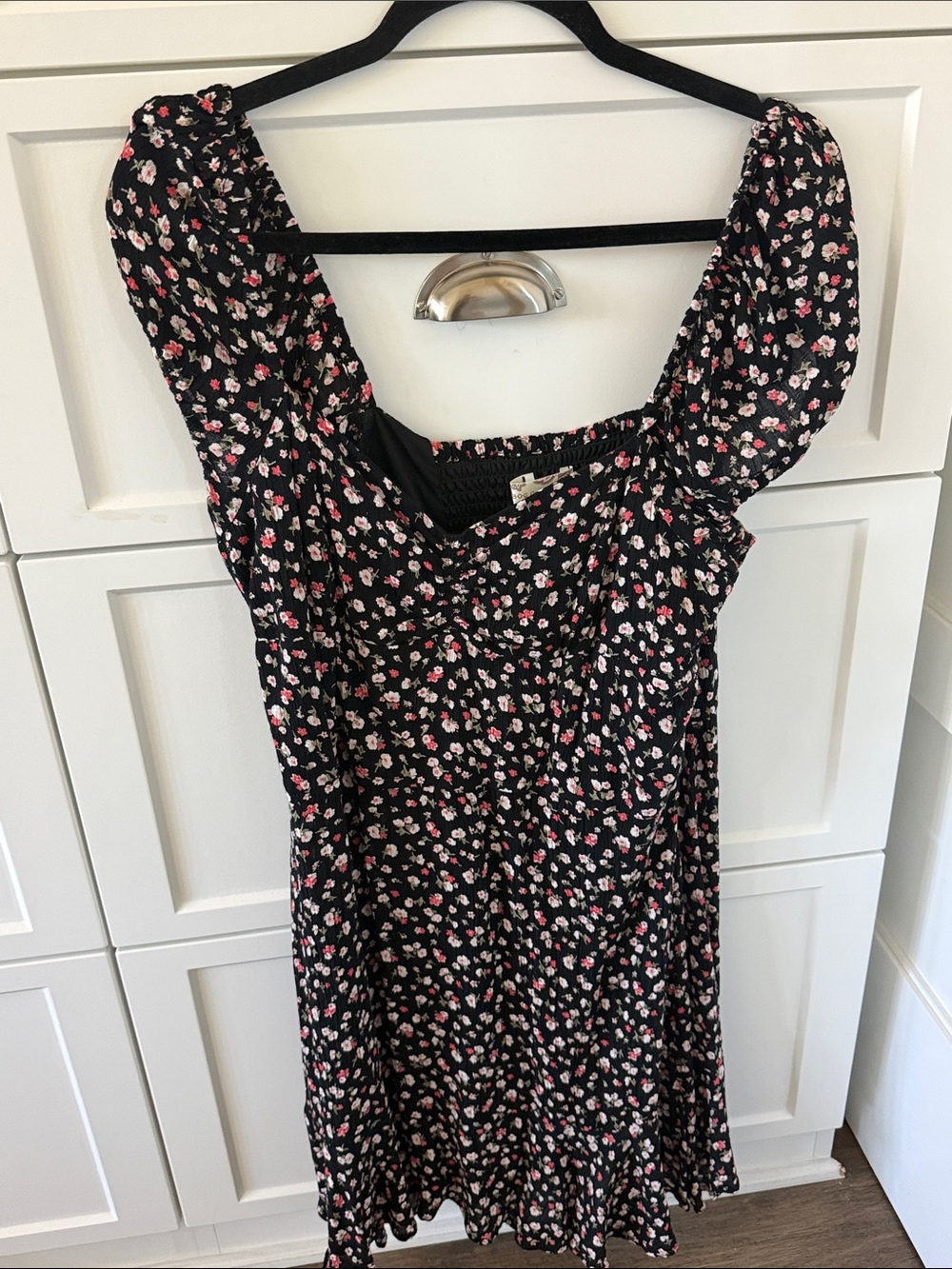Black Floral Puff-Sleeve Mini Dress with Pink Accents